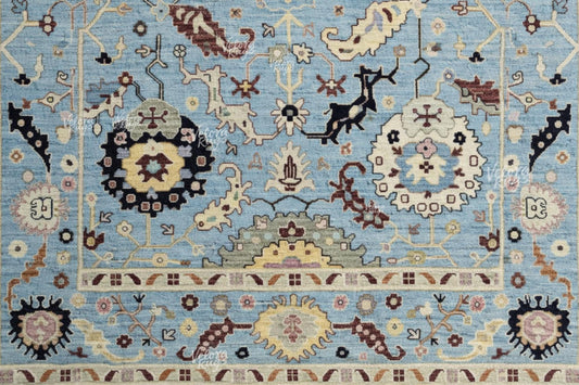 Elegant Sky Blue Oushak Hand Knotted Wool Rug | Vintage Style Area Carpet 9x12 ft | Handmade Rug for Living Room, Bedroom & Dinning Hall