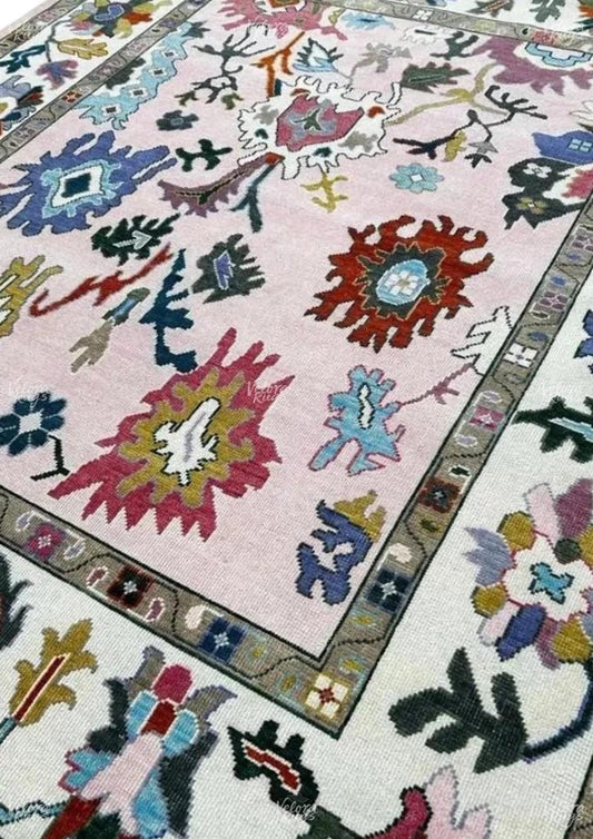 Pink Oushak Rug Handmade Turkish Wool Area Rug, Modern Vintage Style with Ivory Accents