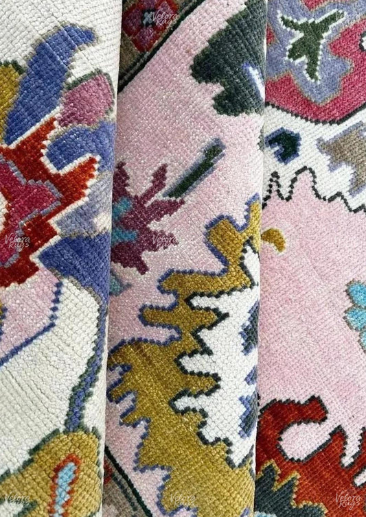 Pink Oushak Rug Handmade Turkish Wool Area Rug, Modern Vintage Style with Ivory Accents