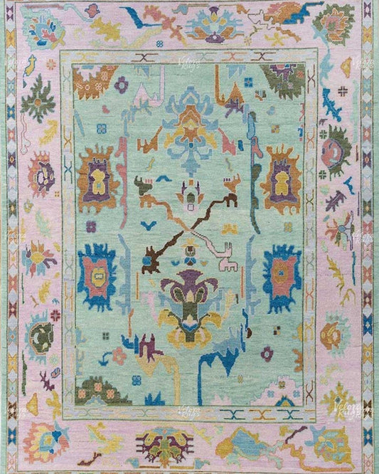 Mint Green Hand-Knotted Turkish Oushak Rug | Pastel Multicolor Area Rug | Soft Vintage Style Wool Rug | Custom Size Living Room Decor