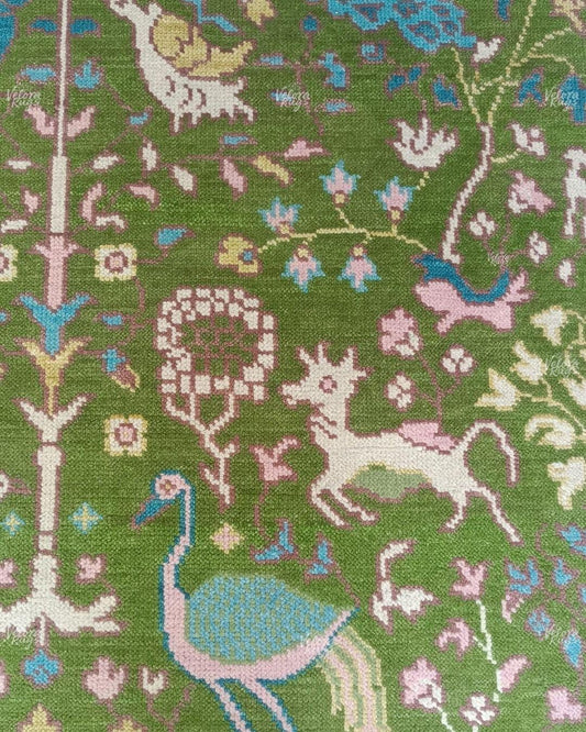Hand Knotted Green Oushak Rug | Persian Animal Garden Area Rug 4x6, 5x8, 8x10, 9x12 ft | Anique Handmade Rug for Living Room & Bedroom