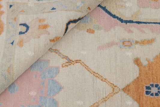 Hand Knotted Pastel Oushak Rug Cream Beige Turkish Style Wool Carpet, Soft Floral Oriental Area Rug for Living Room, Bedroom or Dining