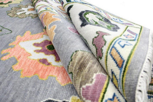 9x12 Hand Knotted Gray Oushak Rug Modern Wool Turkish Style Carpet, Multicolor Floral Oriental Area Rug for Living Room, Bedroom or Dining
