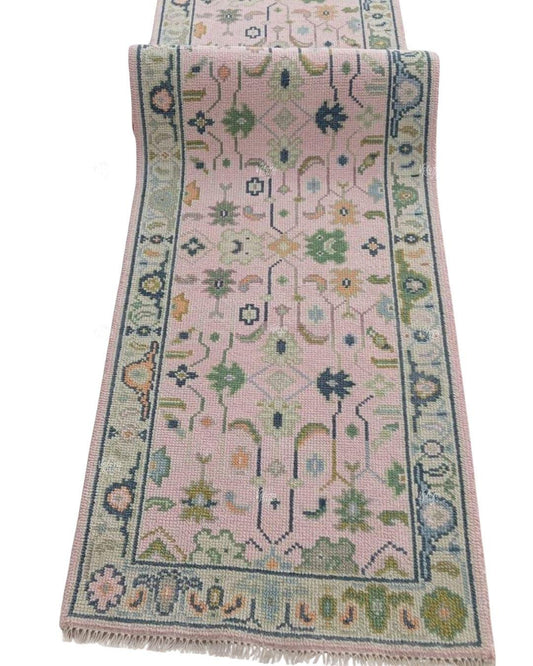 Handmade Pink Oushak Runner Rug Floral Design Wool Persian Style Hallway Carpet For Entryway, Kitchen & Bedroom Décor, Custom Size Runner