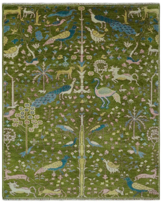 Hand Knotted Green Oushak Rug | Persian Animal Garden Area Rug 4x6, 5x8, 8x10, 9x12 ft | Anique Handmade Rug for Living Room & Bedroom