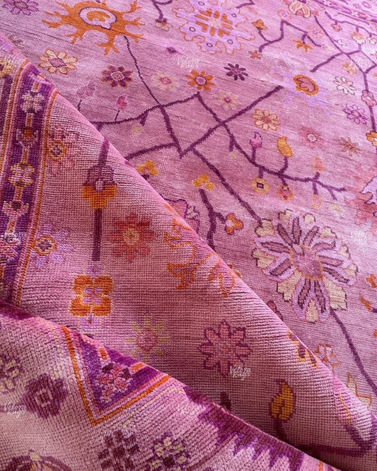 Hand Knotted Purple Oushak Rug Modern Wool Turkish Style Carpet, Pink Floral Oriental Area Rug for Living Room, Bedroom or Boho Home Decor