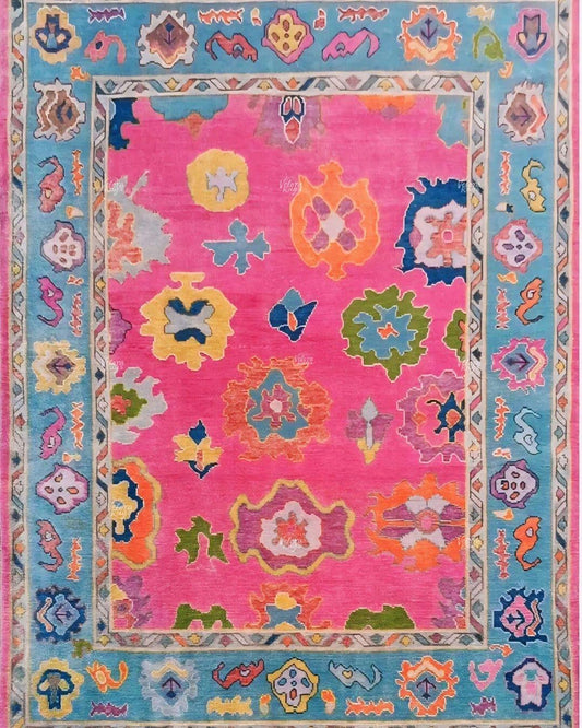9x12 Hot Pink Oushak Hand Knotted Wool Area Rug | Aqua Blue & Yellow Border | Vibrant Turkish Boho Decor | Modern Colorful Living Room Rug