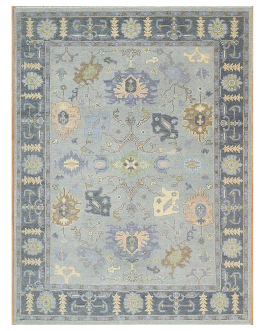 Hand Knotted 8x10 Blue Oushak Wool Rug | Traditional Turkish Floral Carpet | Vintage Style Oriental Area Rug | Living Room, Bedroom Decor