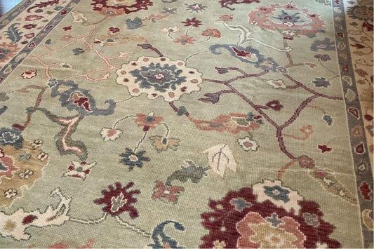Handmade Sage Green Indo Oushak Rug, Multicolor Wool Area Carpet 6x9, 8x10 Antique Turkish Design Floral Motifs for Living Room & Bedroom