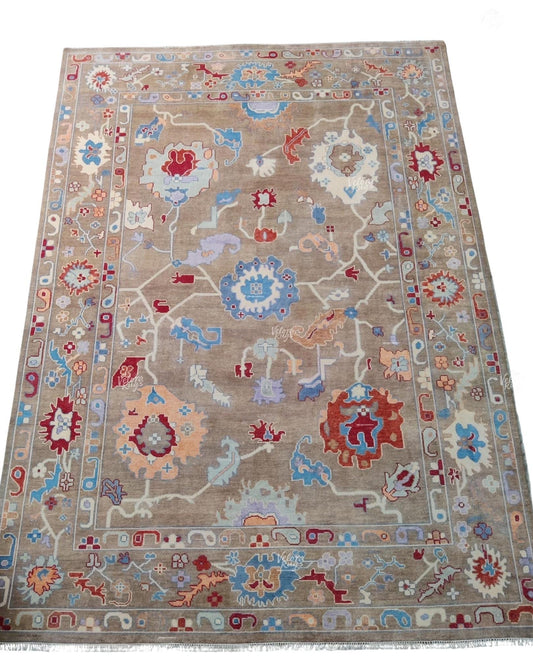 Elegant Beige Indo Oushak Rug, Hand Knotted Floral Pattern Rug for Living Spaces. Available in 4x6 to 12x15 ft | Antique and Modern Design