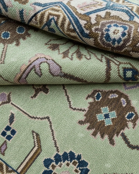 Sage Green Oushak Hand-Knotted Wool Rug Antique Turkish Floral Carpet, Vintage Style Area Rug for Living Room & Bedroom, Custom Sizes