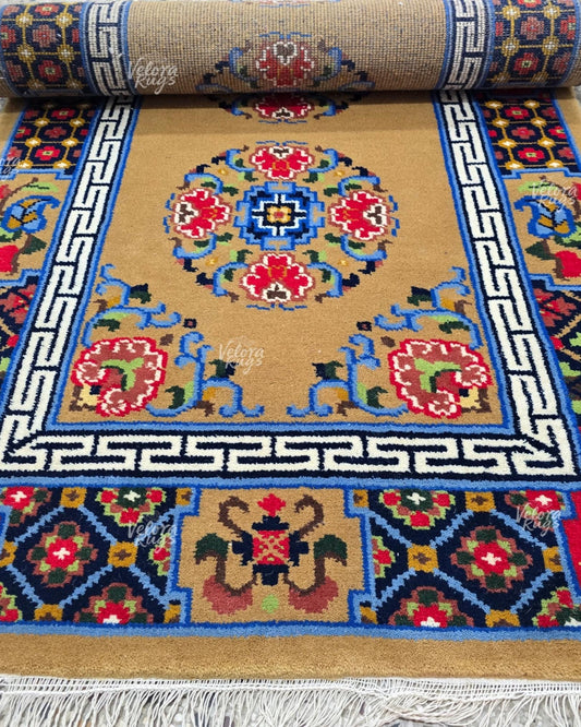 Elegant Camel Brown Hand-Knotted Wool Rug | Traditional Floral Medallion Carpet | Antique Style Area Runner | Custom Size Rug
