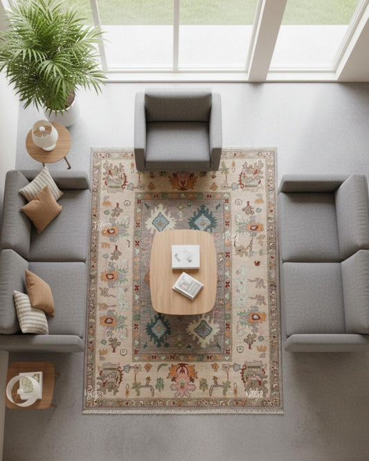 Beige Grey Hand Knotted Oushak Rug, Oriental Soft Wool Living Area Rug, Handmade Soft Pastel Traditional Rug, Custom Size Available