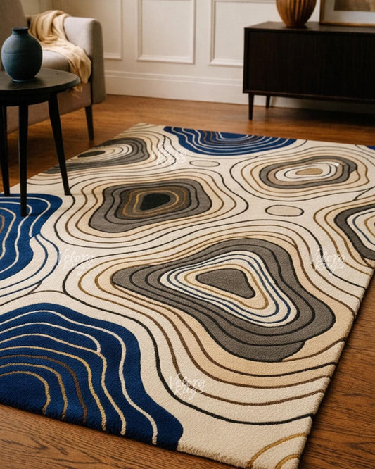 Hand Tufted 8x10 Modern Abstract Wool Rug | Beige and Blue Patterned Carpet | Contemporary Living Room Area Rug | Custom Floor Decor