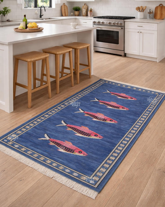 Fish Pattern Hand Knotted Runner Rug | Blue Nautical Wool Rug for Kitchen & Hallway | Coastal Handmade Carpet