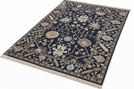 Navy Blue Hand-Knotted Modern Oushak Rug- Antique-Style Contemporary Design, Living Room Rug, Available in 4x6, 5x8, 8x10, 9x12, 10x14 ft