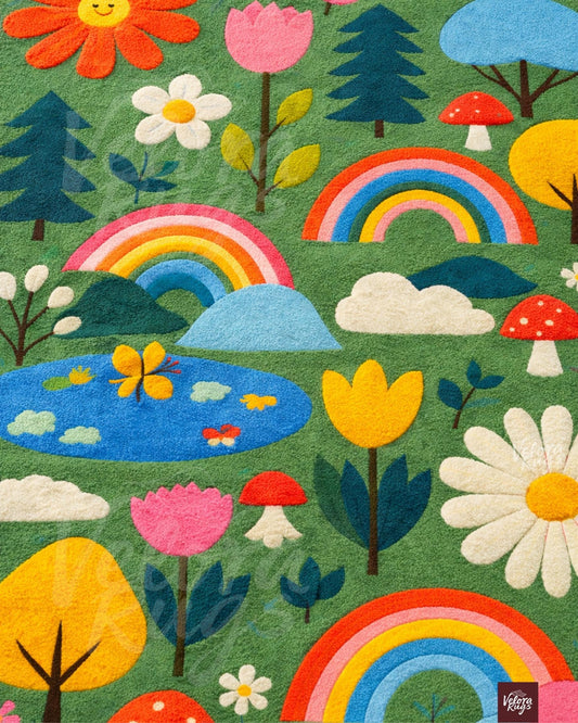 Hand Tufted Wool Kids Area Rug, Colorful Nature Rainbow Floral Design, Modern Green Nursery Carpet, Soft Handmade Playroom Rug, Custom Size