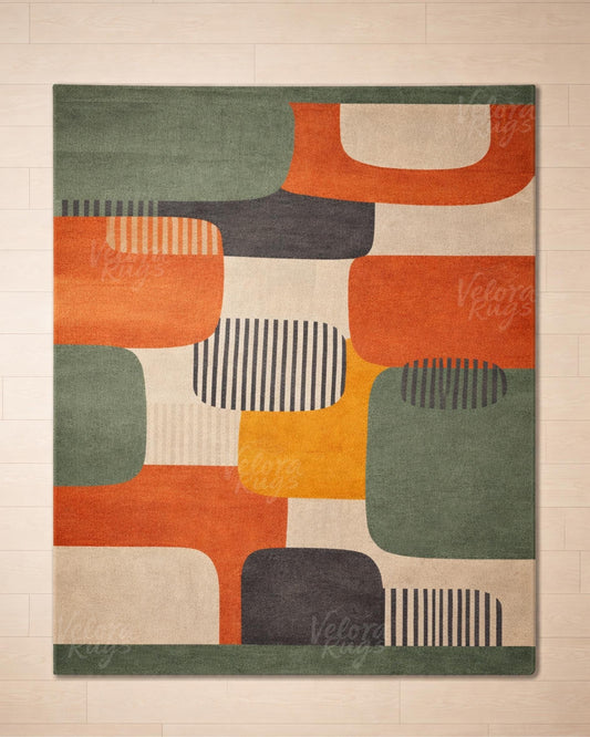 Hand Tufted Modern Abstract Rug, Mid Century Geometric Area Rug, Olive Green Orange Mustard Carpet, Contemporary Living Room Wool Rug