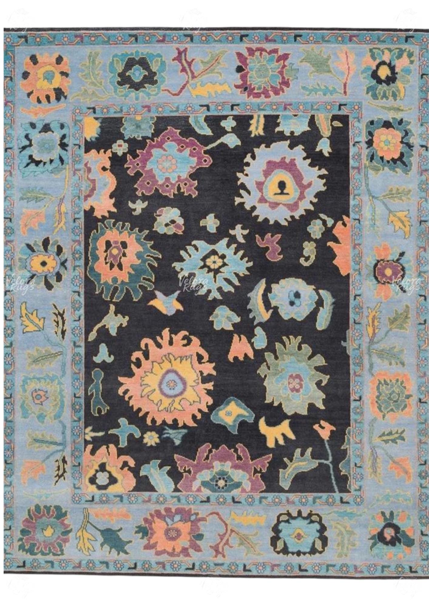 Hand-Knotted Black Oushak Wool Rug: Vintage Turkish Floral Carpet