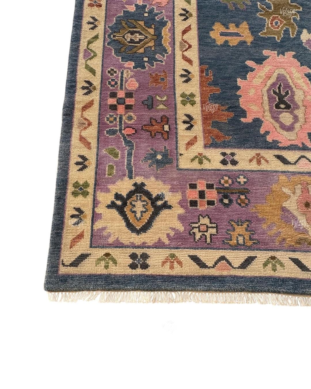9x12 ft Blue - Lavender Hand Knotted Oushak Rug – Vintage Style Handmade Ethnic Rug | Elegant Boho Floral Rug for Living Room & Bedroom