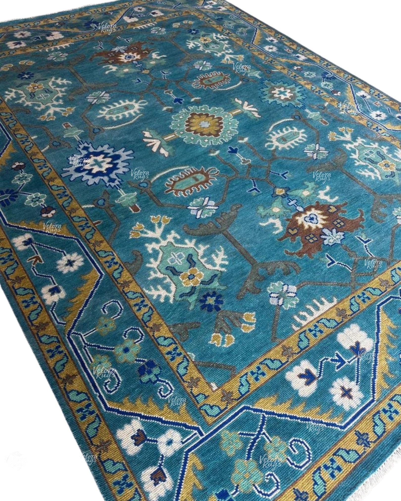 Exquisite Teal Blue Hand Knotted Indo Oushak rug 4x6, 5x8, 6x9, 8x10, 9x12, 10x14 ft Handmade rug for Living Room - Antique Style Ethnic rug