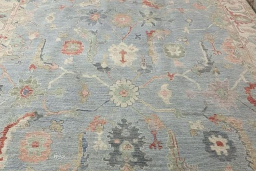 Hand Knotted Blue Oushak Wool Rug 5x8, 6x9, 8x10, 9x12 – Floral Handmade Rugs for for Living Room & Bedroom - Antique Style Contemporary Rug