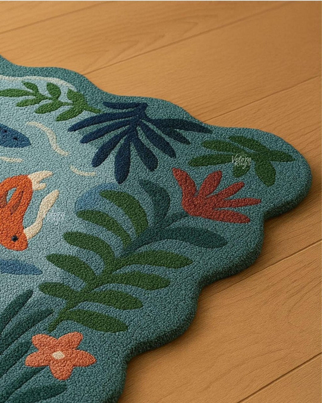 Aqua Garden Hand Tufted Loop and Cut Wool Rug | Fish Pond Design Carpet | Nature-Inspired Area Rug for Living Room & Bedroom | Modern Rug
