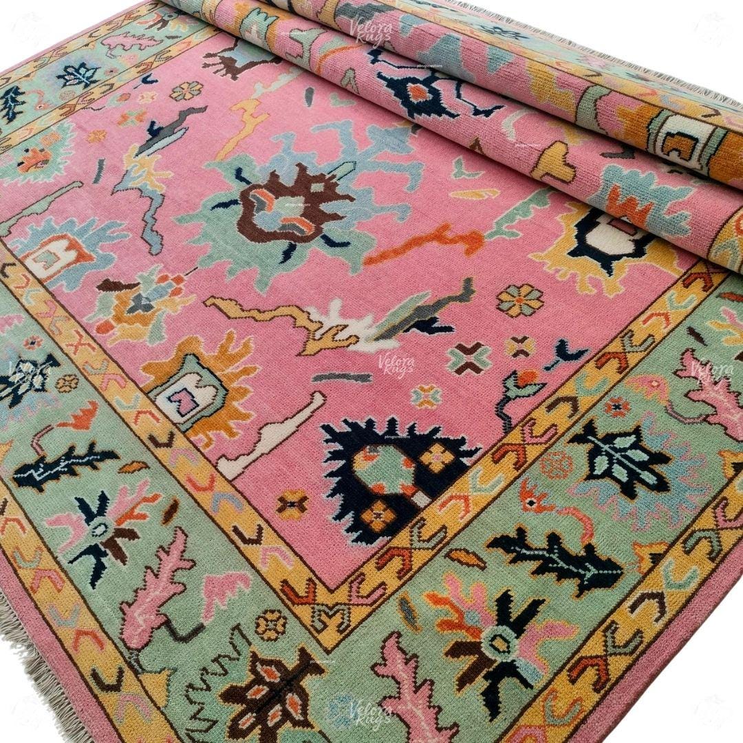 Pink Rug with Pastel Green Border Hand Knotted Woolen Rug, Traditional Persian Style Carpet, Vintage Turkish Tribal Design, Living Area Rug