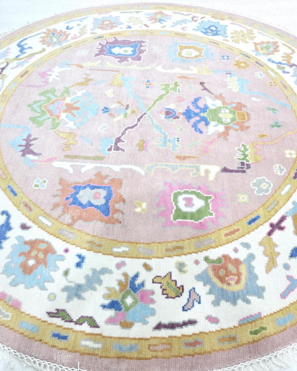 Pink Round Oushak Rug 5' 6' 7' 8' 9' 10' Diameter - Hand Knotted Wool Oushak Style Rug For Living Room, Dining & Kitchen Area