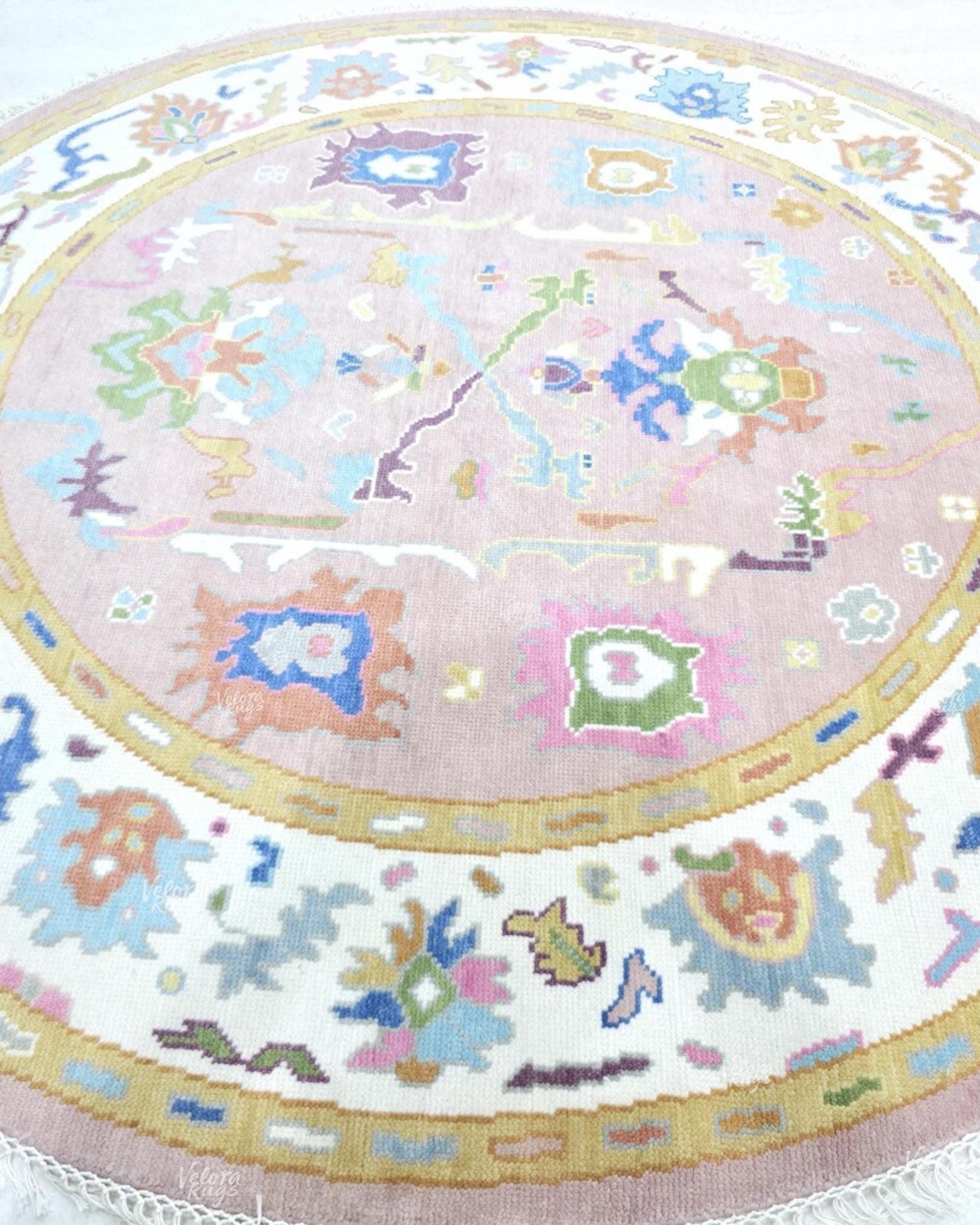 Pink Round Oushak Rug 5' 6' 7' 8' 9' 10' Diameter - Hand Knotted Wool Oushak Style Rug For Living Room, Dining & Kitchen Area