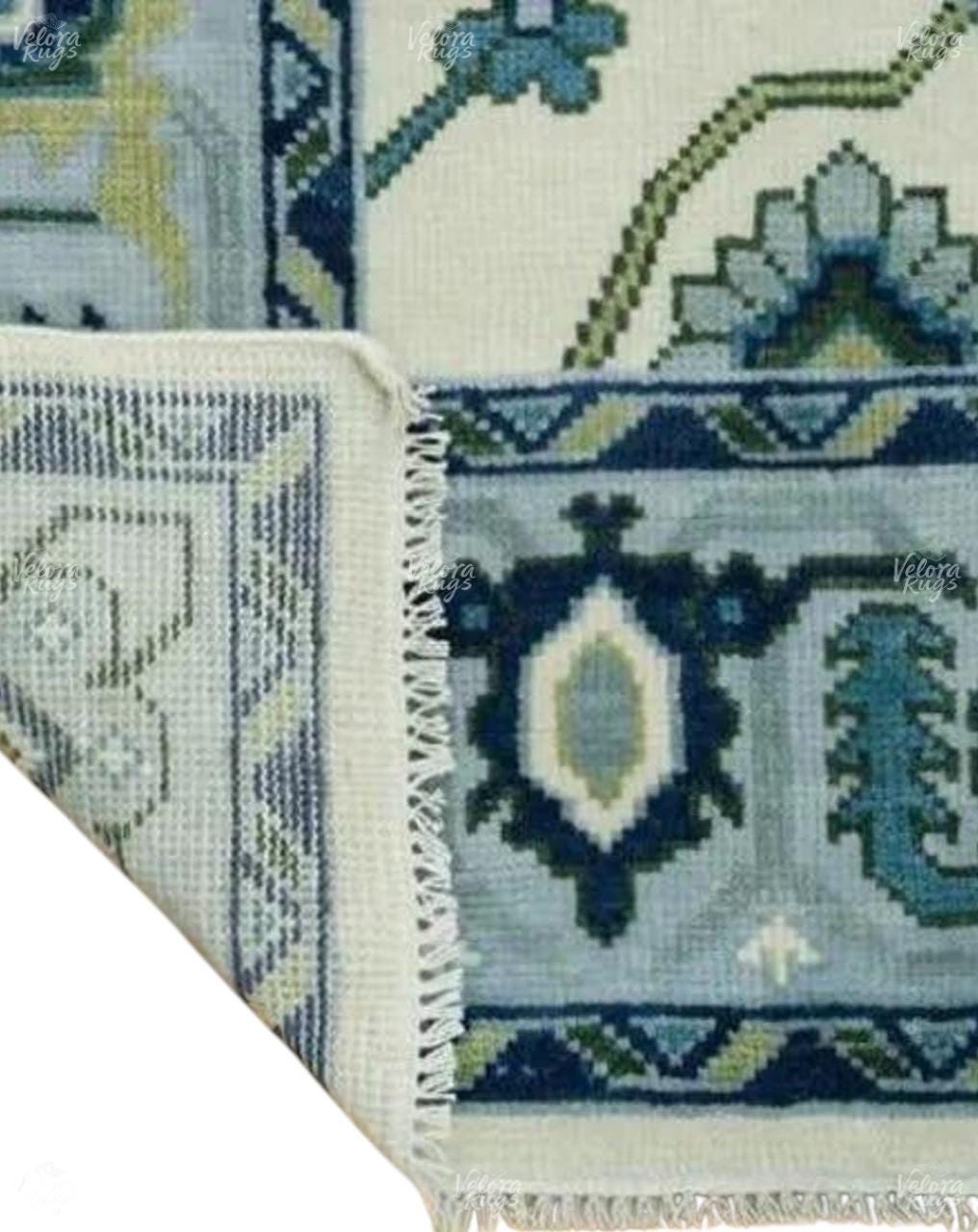 Ivory & Blue Indo Oushak Hand Knotted Rug 4x6, 5x8, 6x9, 8x10, 9x12, 10x14, 12x15 ft Handmade Rugs for Living Room - Antique Ethnic rug
