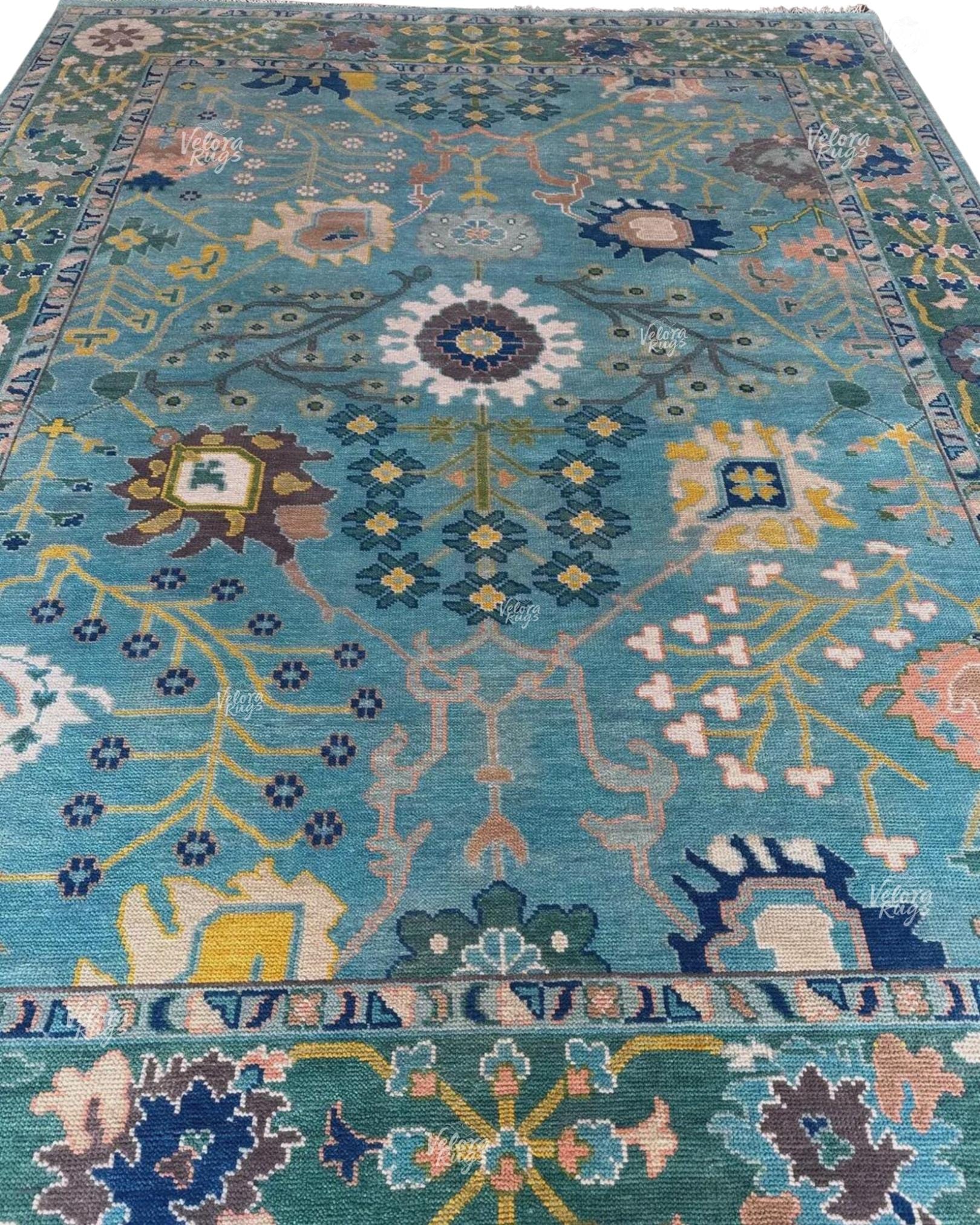 Turquoise Blue Oushak style Hand Knotted Rug, Handmade Rugs for Living Room - Antique Inspired Contemporary rug | Custom Sizes