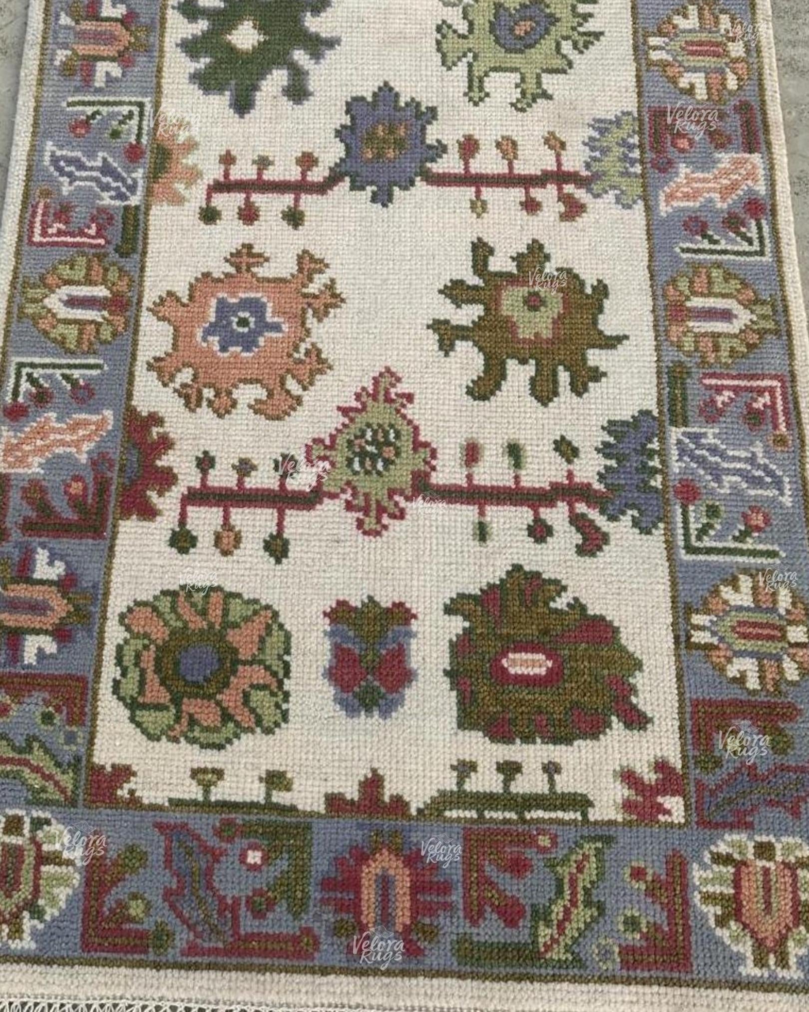 Handmade Oushak design Runner Rug - Cream - Blue color Contemporary Style Wool Runner Rug - Hallway Runner - Kitchen runner - Boho runner