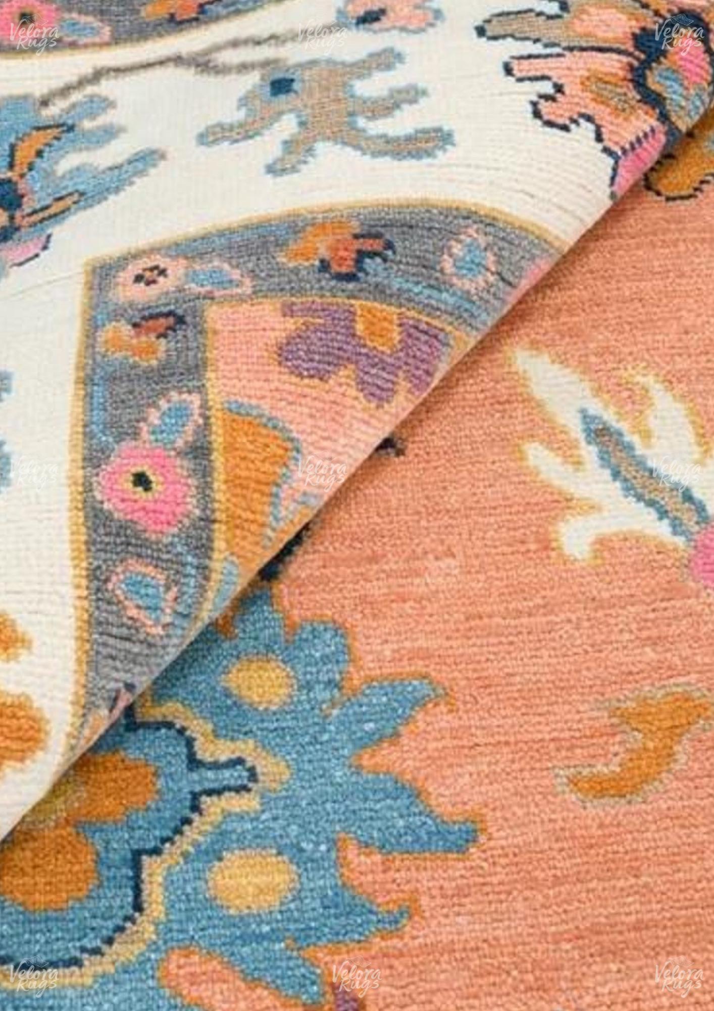 Hand-Knotted Orange Oushak Wool Rug: Modern Turkish Area Carpet