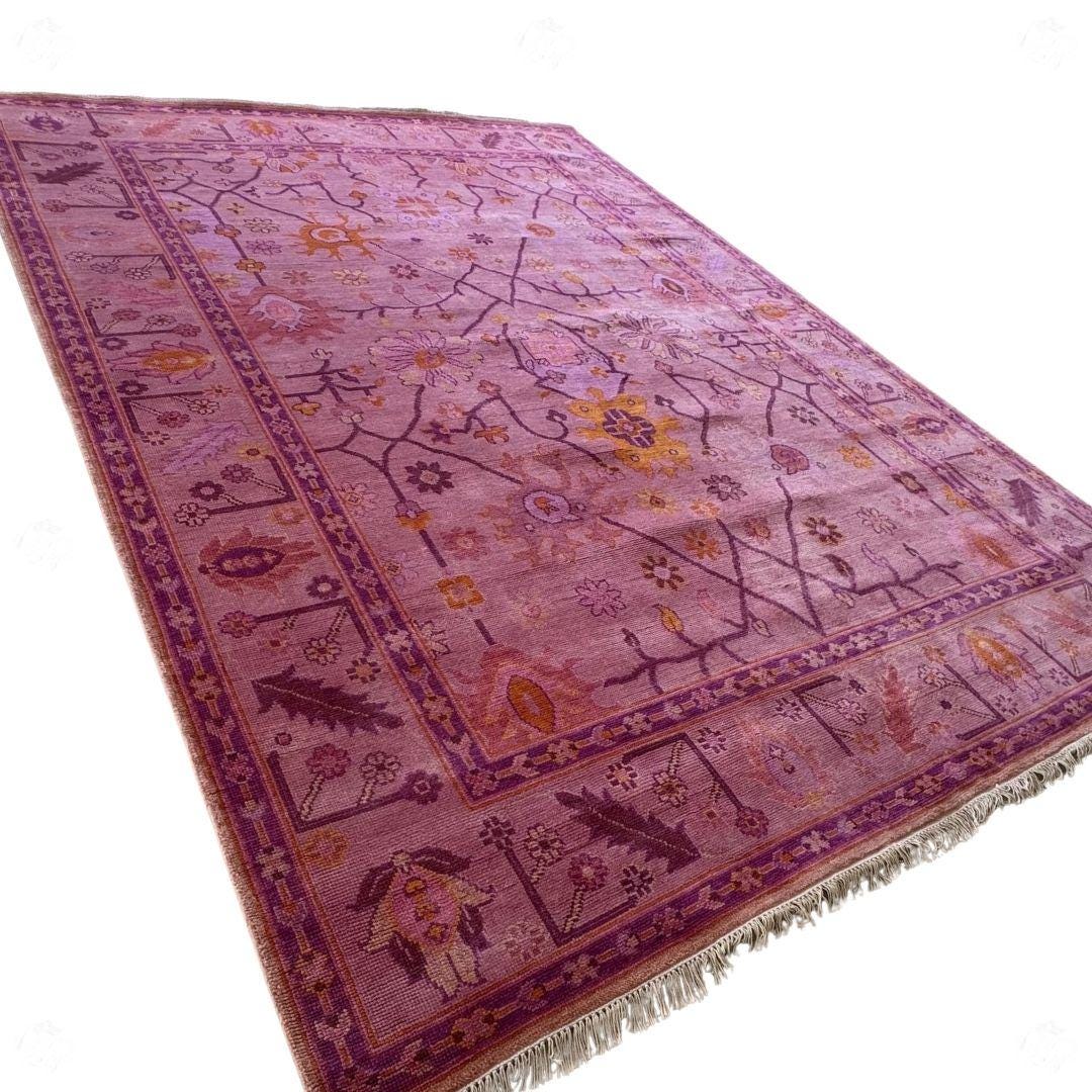 Hand Knotted Purple Oushak Rug – Modern Wool Turkish Style Carpet, Pink Floral Oriental Area Rug for Living Room, Bedroom or Boho Home Decor