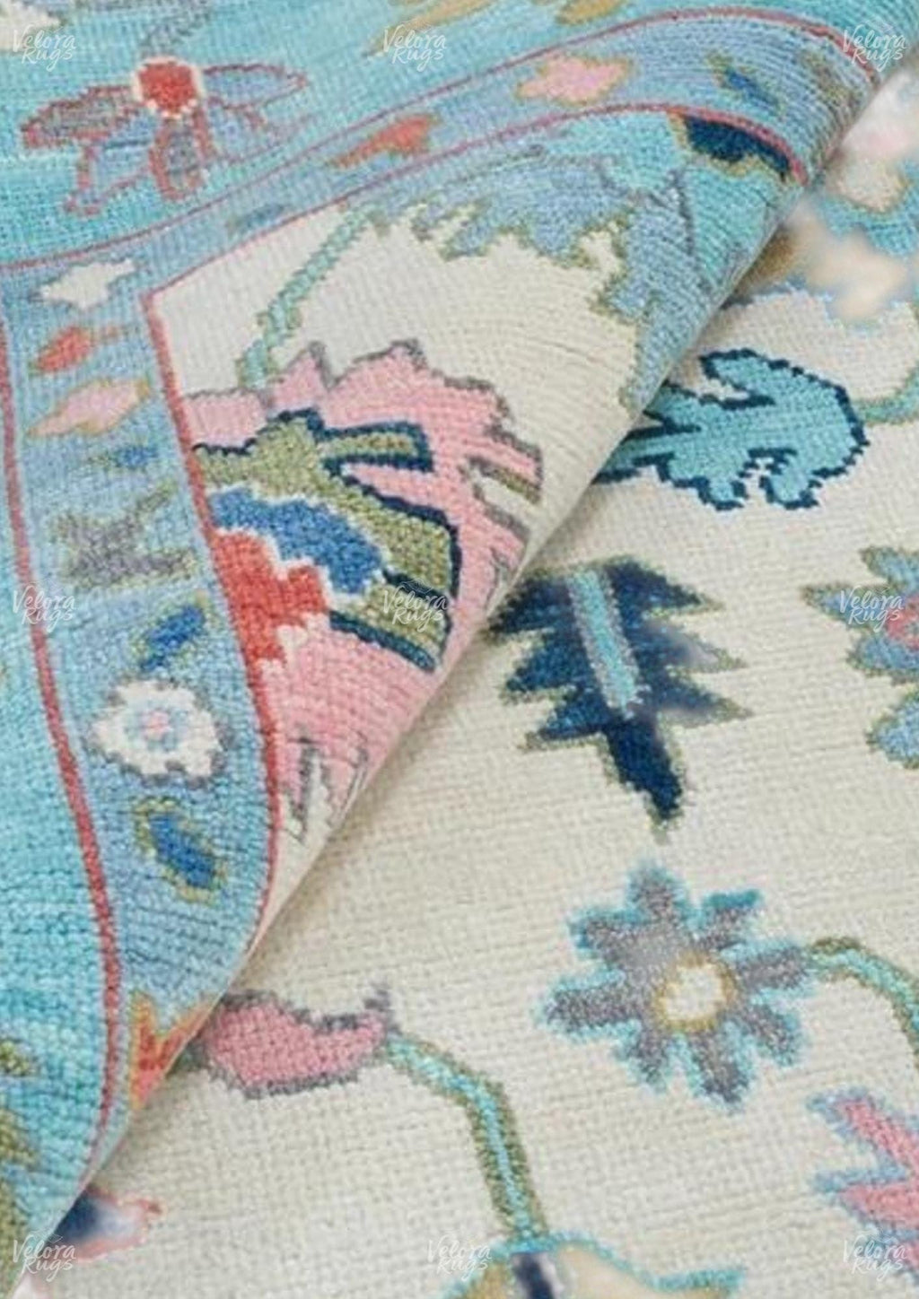 Hand-Knotted Oushak Wool Rug: Beige & Light Blue Turkish Carpet