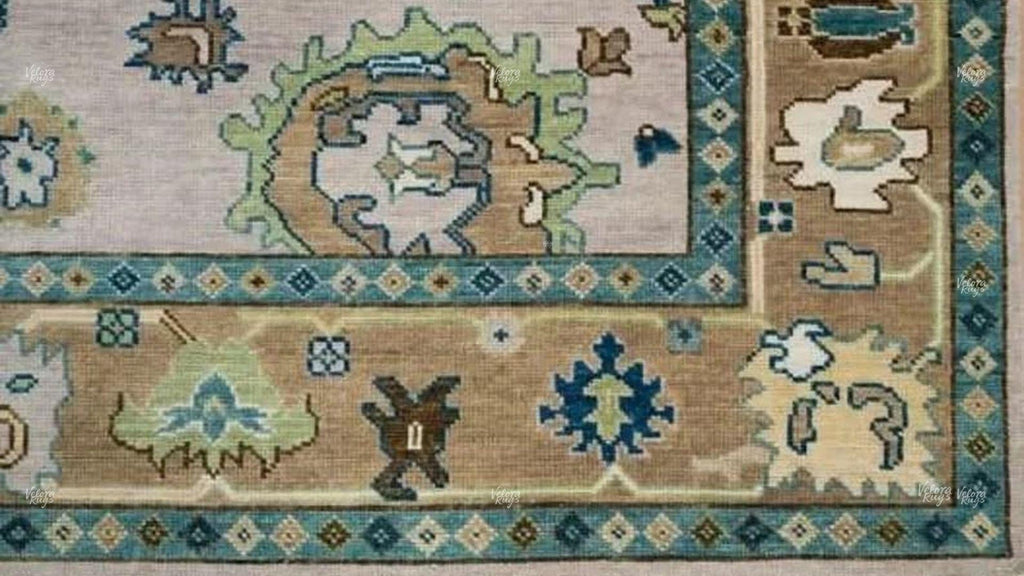 Hand Knotted Wool Oushak Rug | Beige and Green Oriental Area Carpet | Traditional Turkish Style Floral Design | Living Room Home Decor Rug