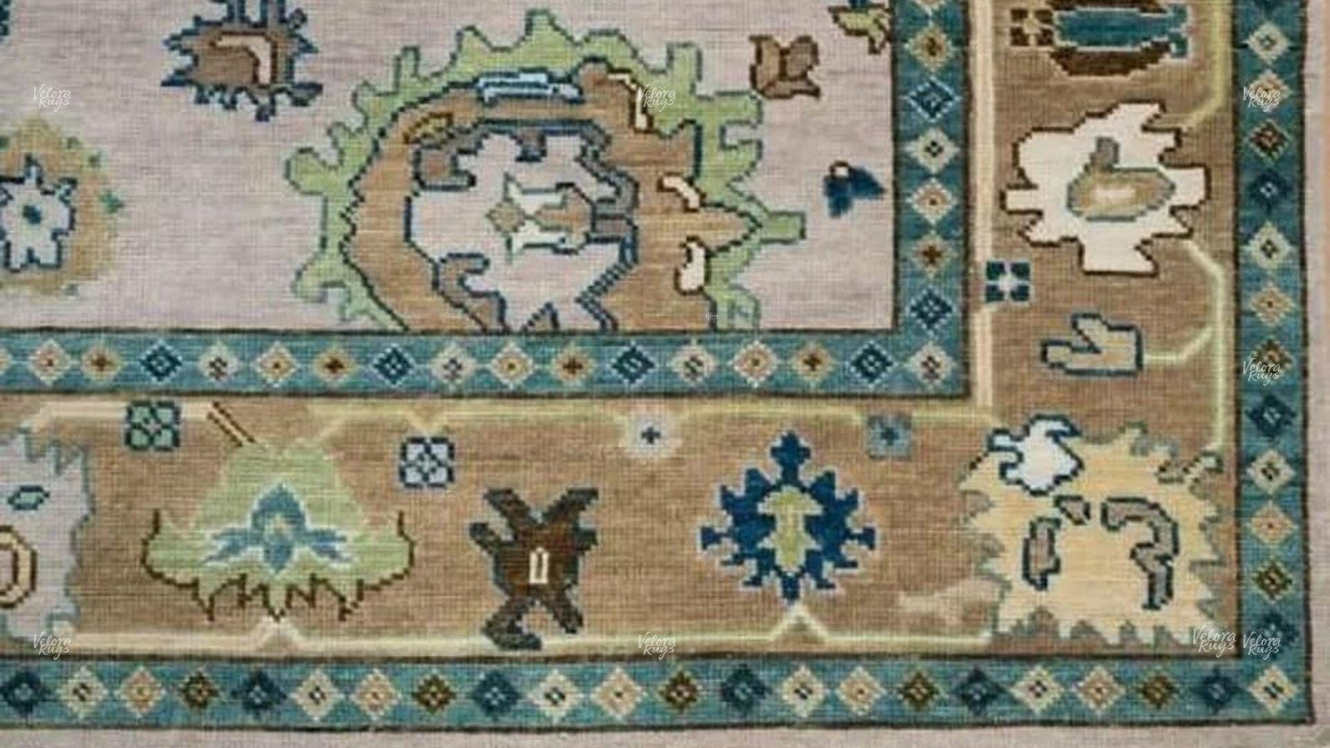 Hand Knotted Wool Oushak Rug | Beige and Green Oriental Area Carpet | Traditional Turkish Style Floral Design | Living Room Home Decor Rug