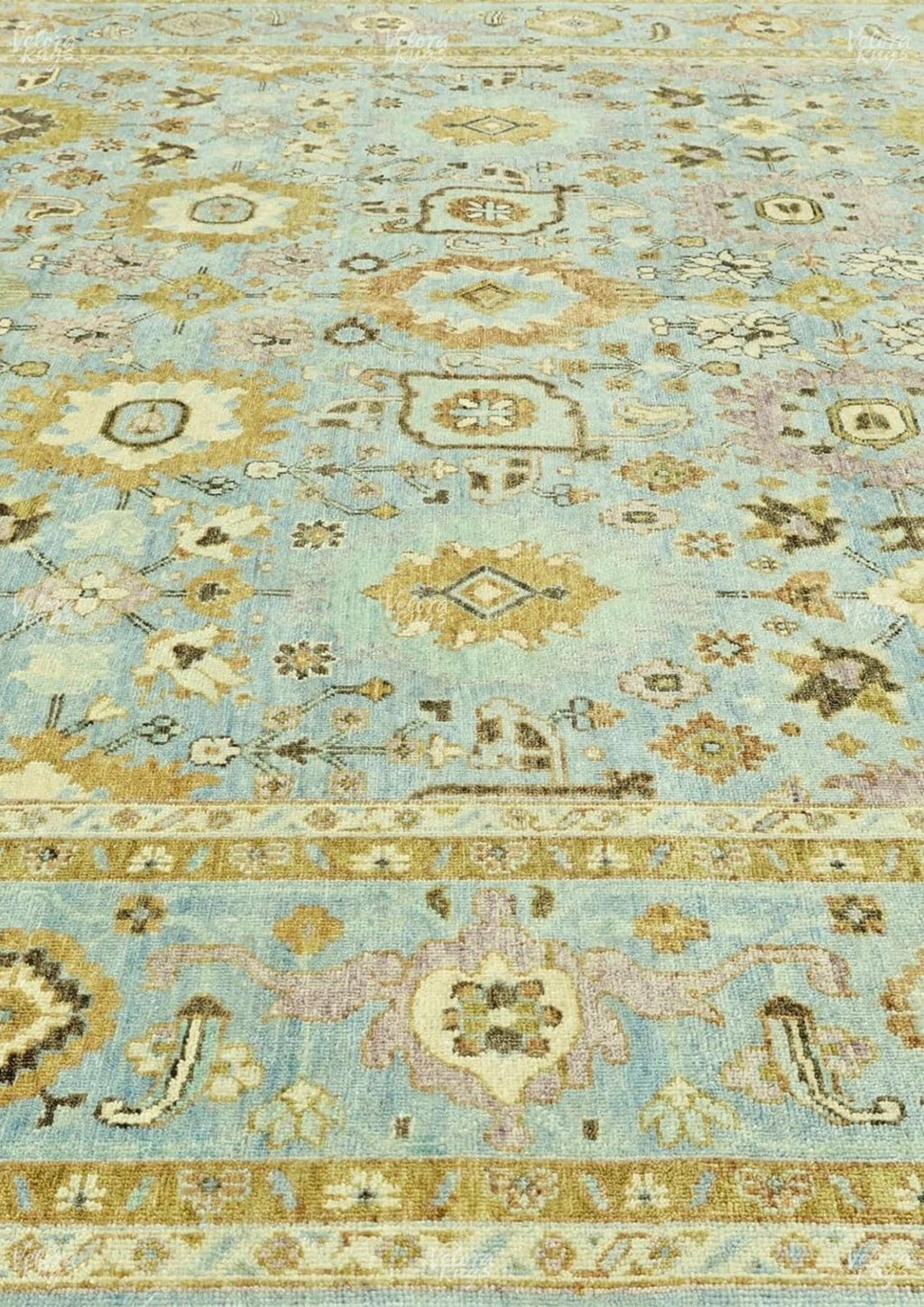 Hand-Knotted Gold Oushak Rug: Vintage Sky Blue Wool Area Rug