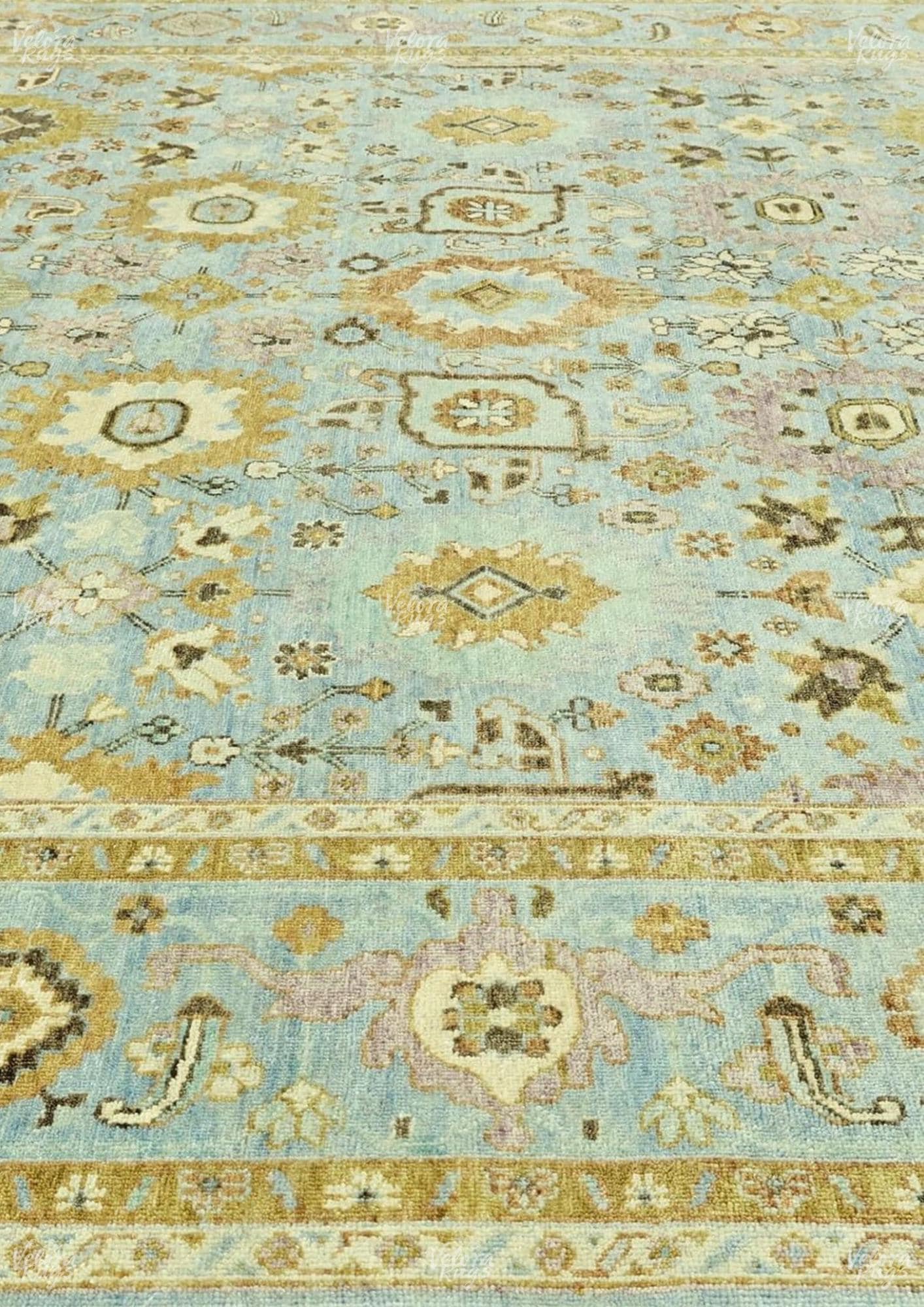 Hand-Knotted Gold Oushak Rug: Vintage Sky Blue Wool Area Rug