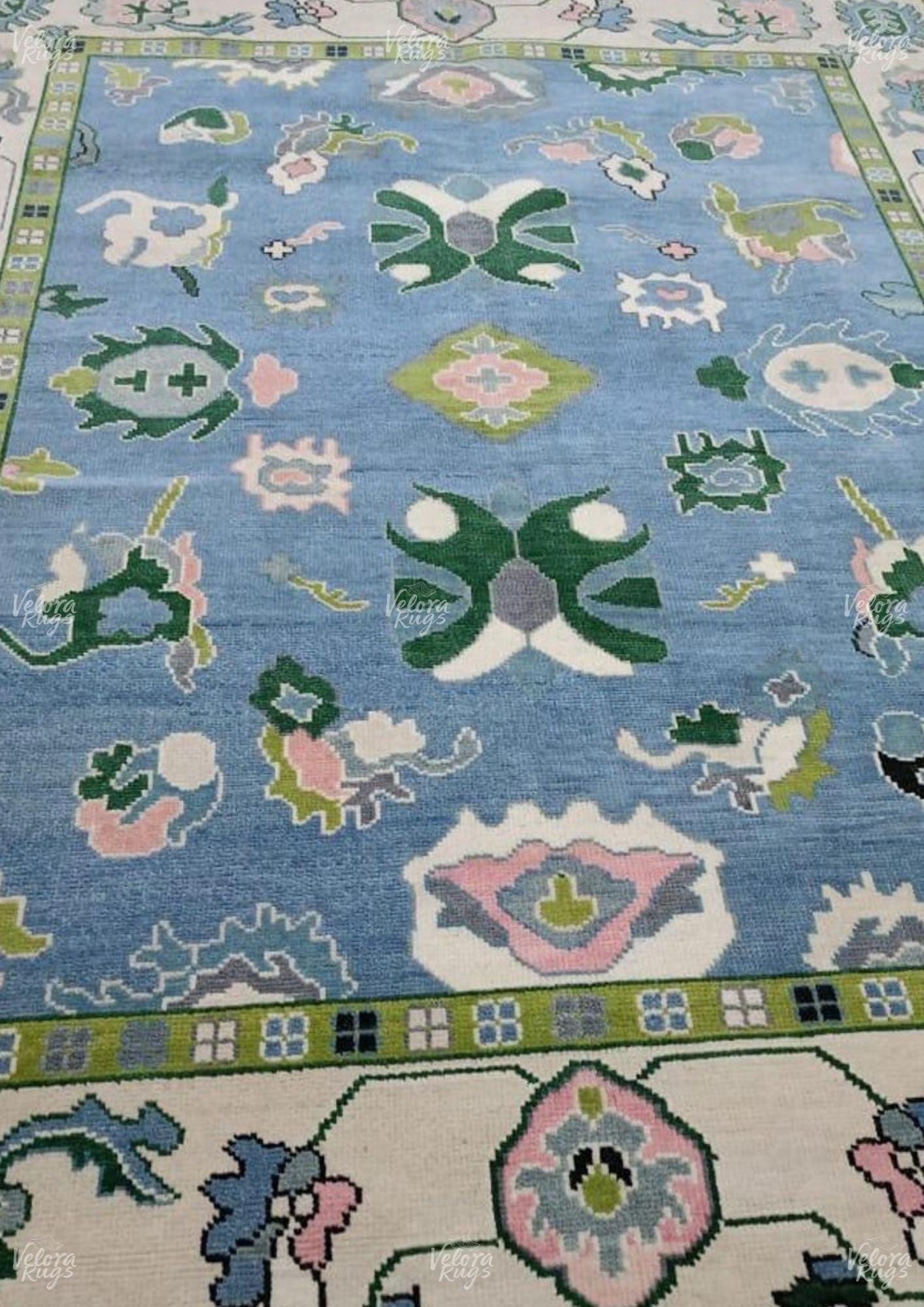 Sky Blue Hand-Knotted Oushak Rug, Turkish Vintage Style Wool Area Rug, Modern Geometric Design Carpet 6x9, 8x10,9x12 ft | Living Room Decor