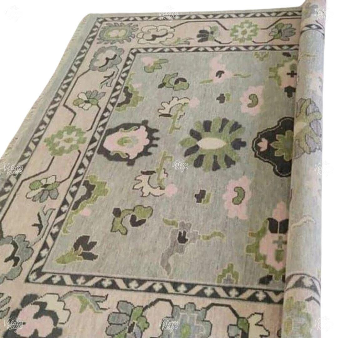 Gray Oushak Hand-Knotted Turkish Style Carpet | Pastel Floral Area Rug | Soft Green & Pink Oriental Wool Rug | Custom Size Living Room Decor