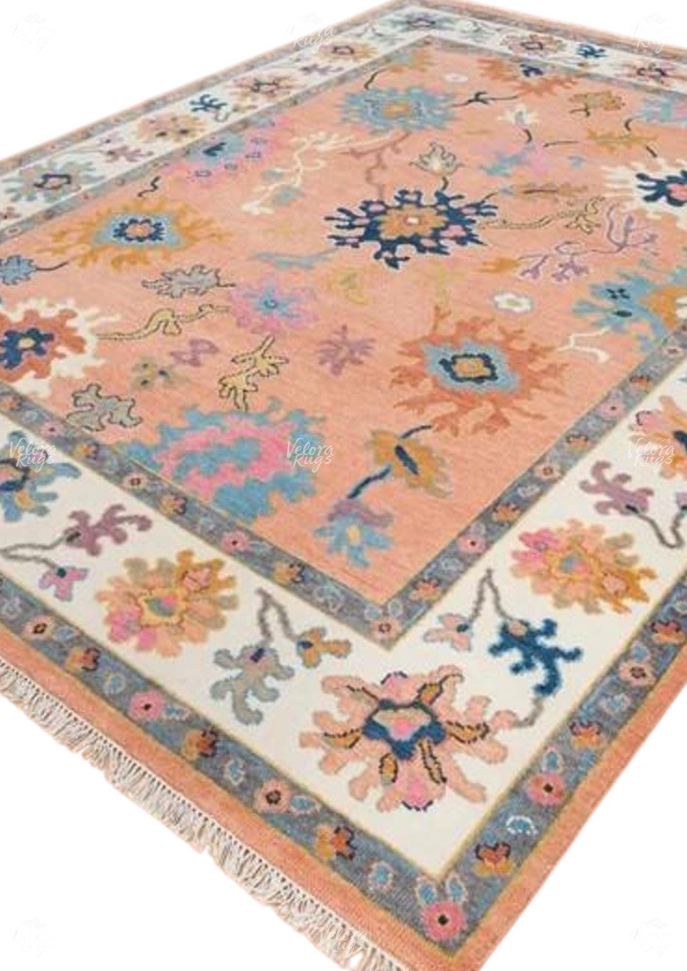 Hand-Knotted Orange Oushak Wool Rug: Modern Turkish Area Carpet