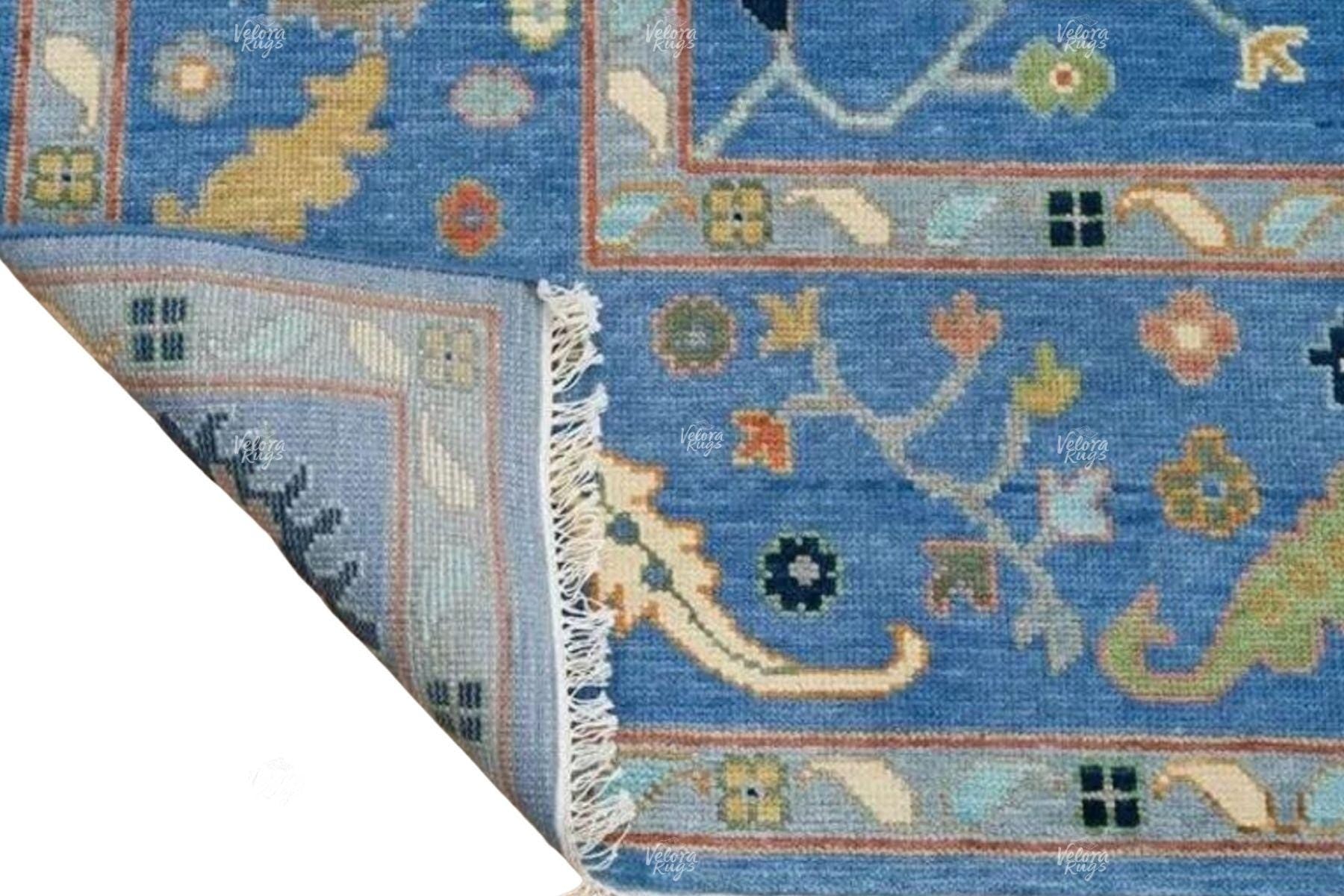 Hand Knotted Wool Rug | Sky Blue Oushak Area Carpet | Traditional Oriental Floral Design | Living Room Home Decor | Vintage Boho Style Rug