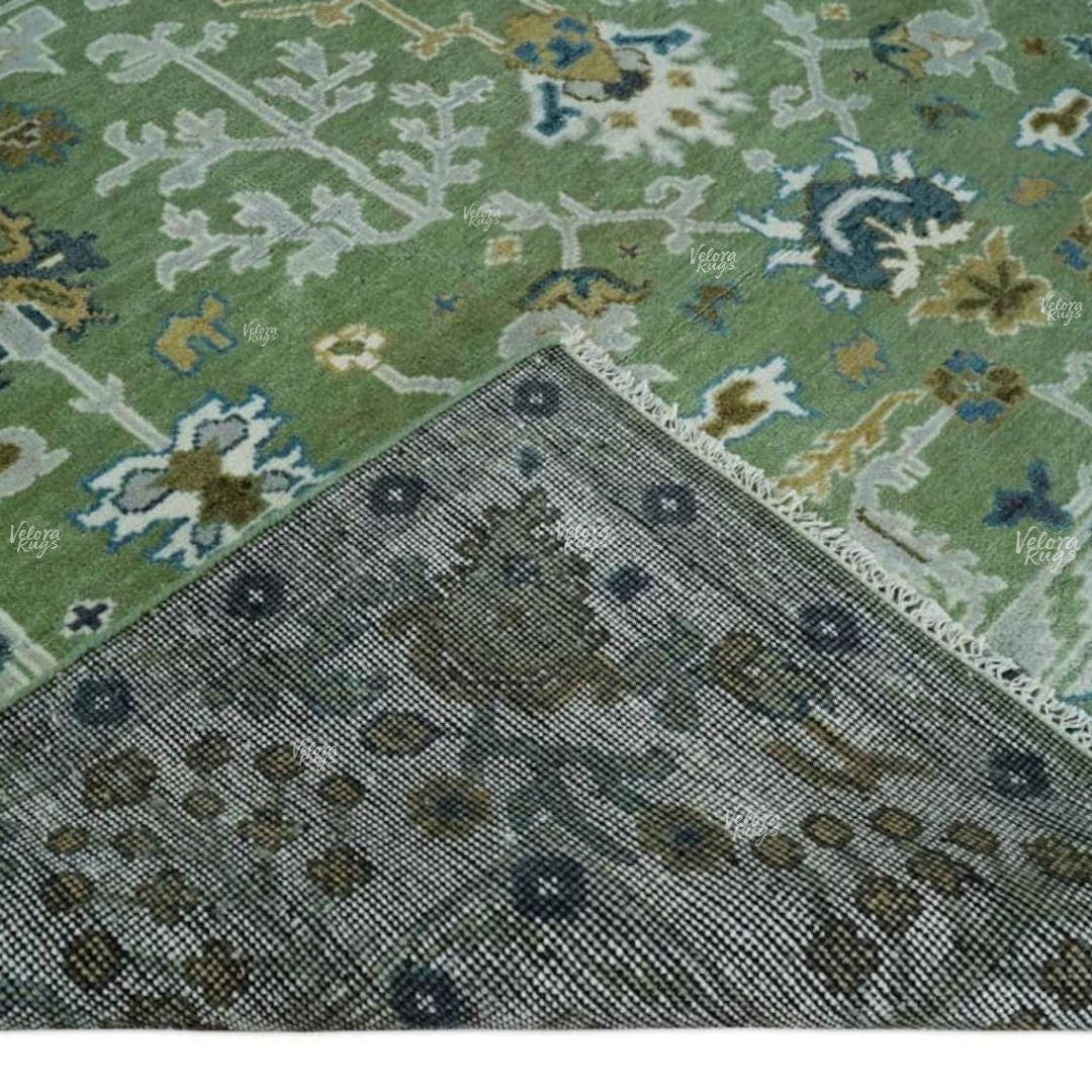Green Hand-Knotted Wool Area Rug | Traditional Oriental Oushak Design | Vintage Turkish Style Carpet | Bohemian Living Room Rug  And Bedroom