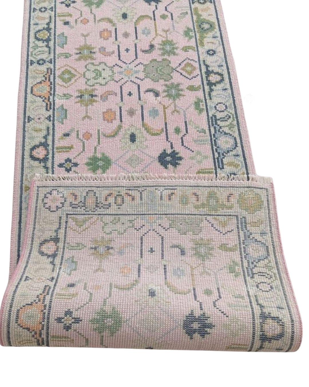 Handmade Pink Oushak Runner Rug – Floral Design Wool Persian Style Hallway Carpet For Entryway, Kitchen & Bedroom Décor, Custom Size Runner