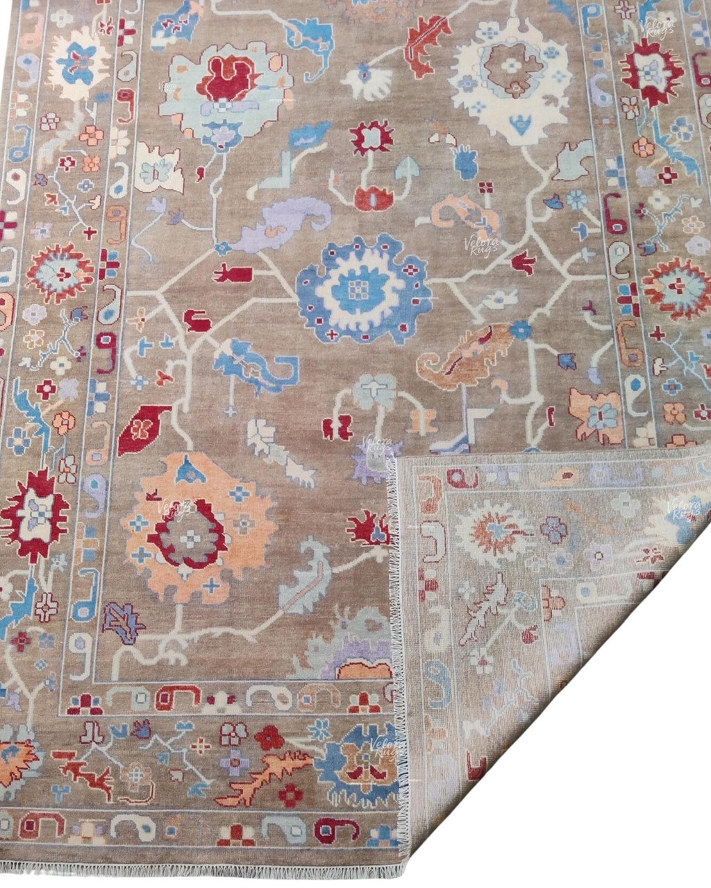 Elegant Beige Indo Oushak Rug, Hand Knotted Floral Pattern Rug for Living Spaces. Available in  4x6 to 12x15 ft | Antique and Modern Design