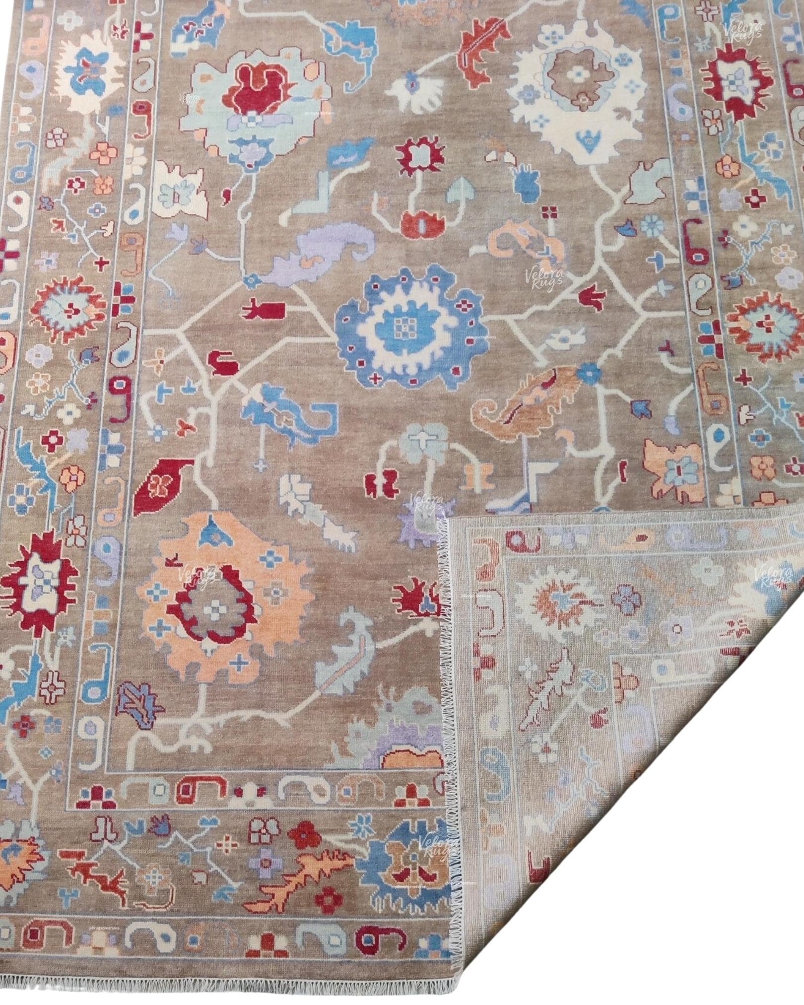 Elegant Beige Indo Oushak Rug, Hand Knotted Floral Pattern Rug for Living Spaces. Available in  4x6 to 12x15 ft | Antique and Modern Design