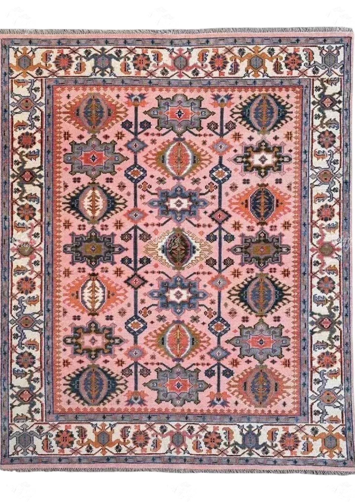 Hand-Knotted Pink Oushak Wool Rug: Turkish Style, Ivory Accents