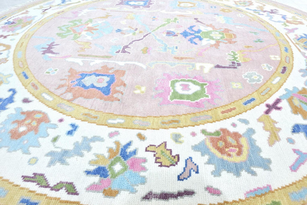 Pink Round Oushak Rug 5' 6' 7' 8' 9' 10' Diameter - Hand Knotted Wool Oushak Style Rug For Living Room, Dining & Kitchen Area